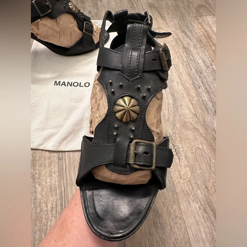 Manolo Blahnik Black Leather Buckle Sandals Brass Medallion Vintage Heels